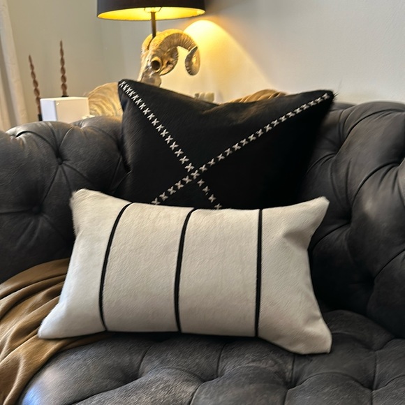 New Arhaus Black white hair on hide leather pillow cover linen suede whipstitch - Picture 2 of 16
